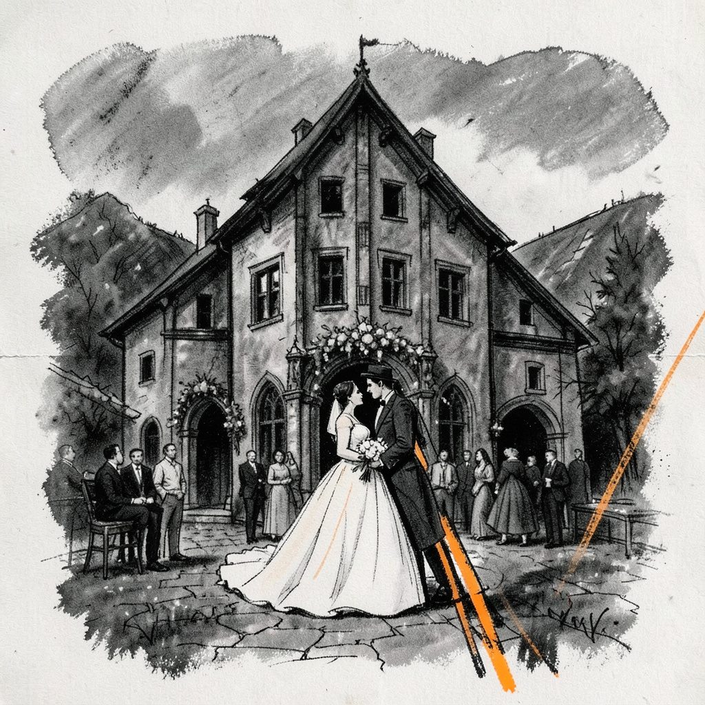 Brautpaar vor einer historischen Burg aus rotem Backstein, die Braut in einem fließenden weißen Kleid, der Bräutigam im Anzug