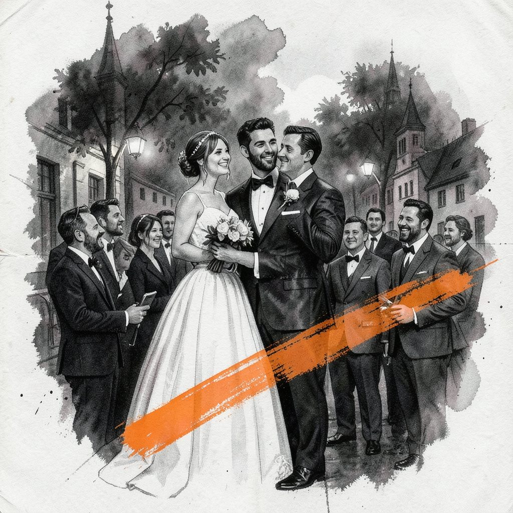Eine stimmungsvolle Hochzeitsszene in warmen, erdigen Tönen – ein Brautpaar in inniger Umarmung, umgeben von weichem Licht und natürlicher Atmosphäre.