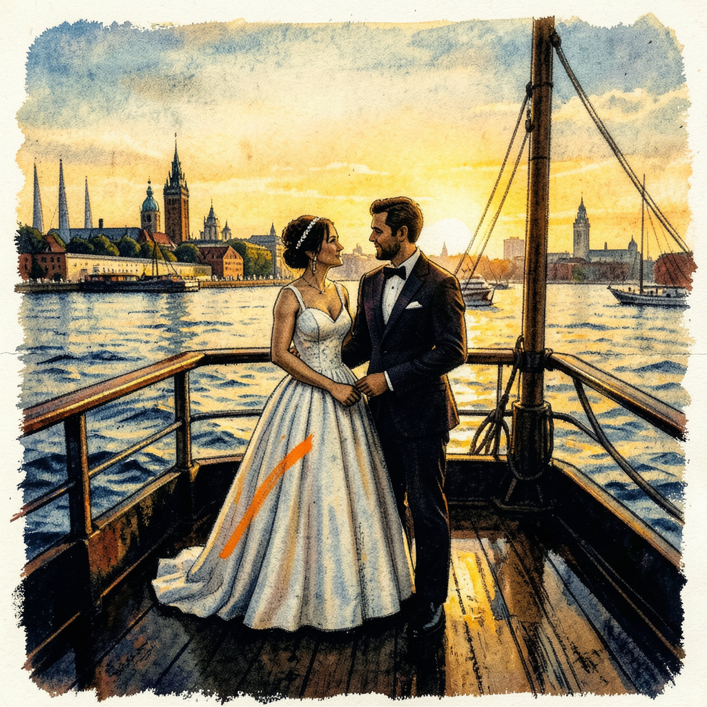 Brautpaar auf einem Schiff bei Sonnenuntergang auf der Elbe, mit dem Hamburger Hafen im Hintergrund in warmen Gold- und Blautönen