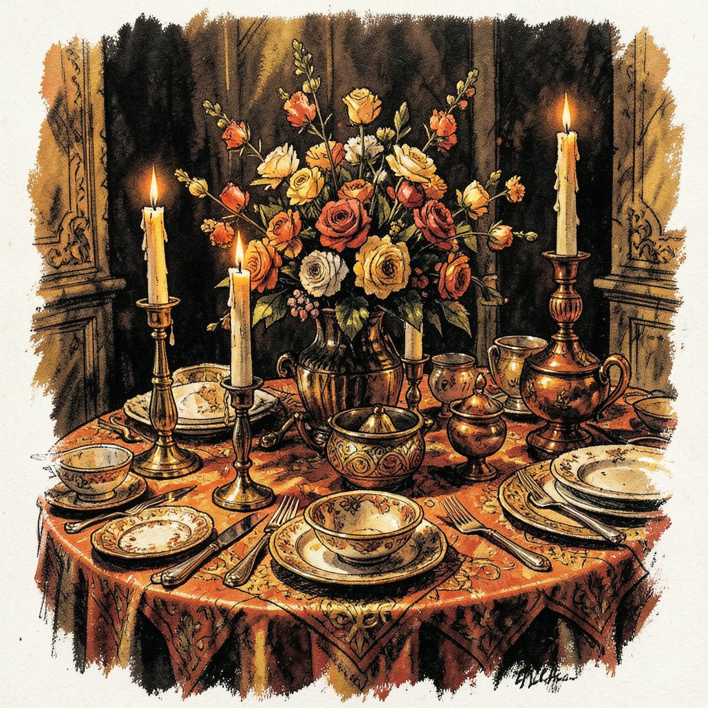 Detailaufnahme eines reich gedeckten persischen Hochzeitstisches mit Blumen, Kerzen und traditionellen Symbolen in warmen Gold- und Rottönen