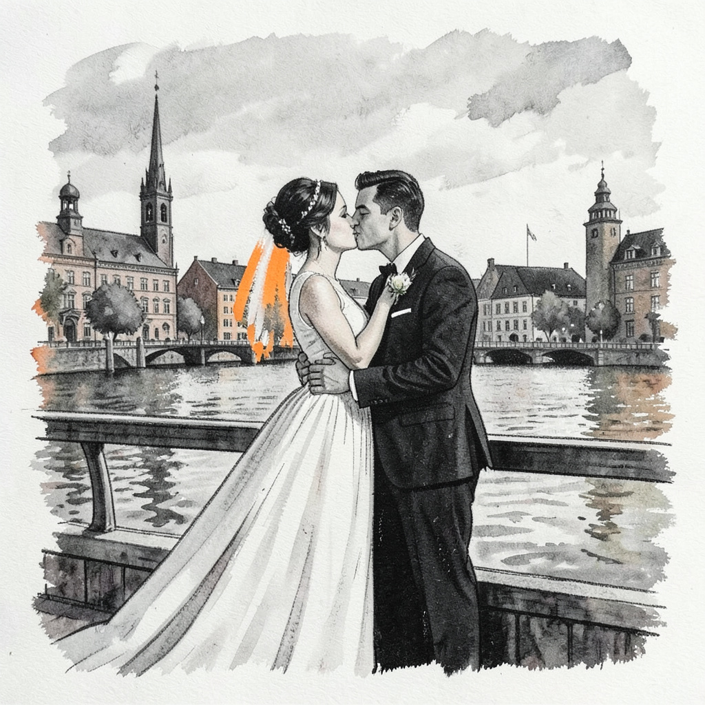 Brautpaar an der Alster in Hamburg, das sich vor der Kulisse des Wassers und der Stadt küsst, in weichem natürlichem Licht
